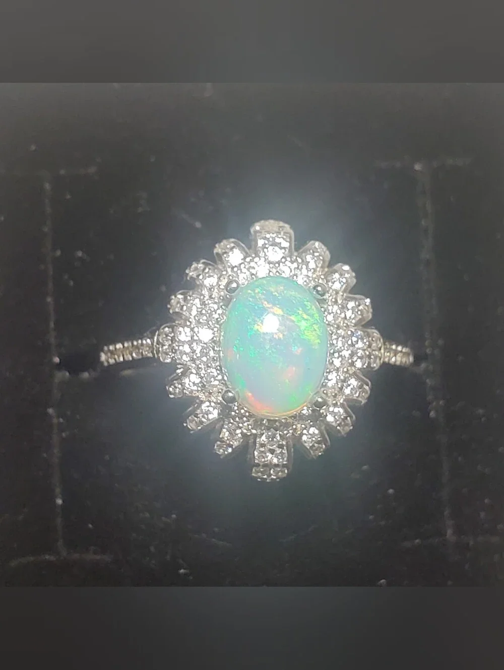 Sunburst Halo Australian White Opal CZ 925 Sterling Silver Adjustable Ring